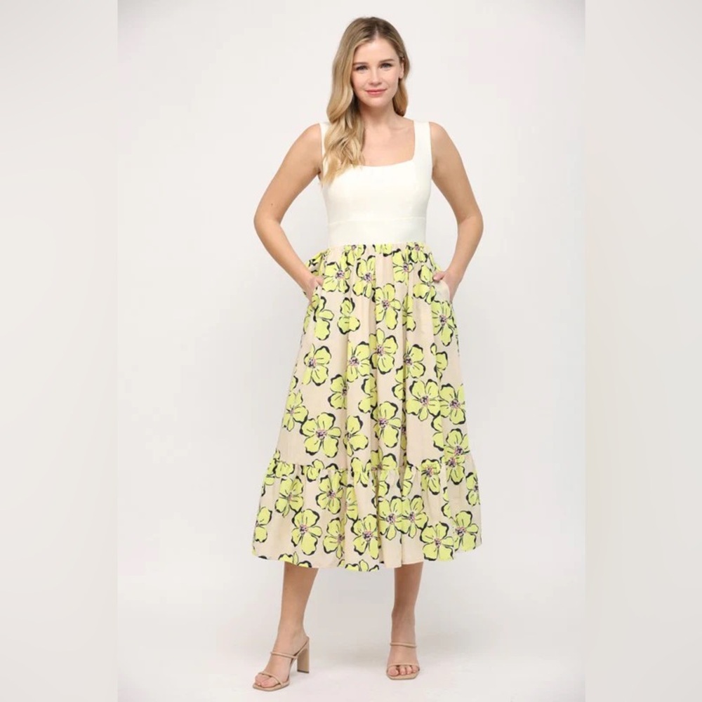 NEW FATE Cream Midi Skirt with Yellow Floral Print Sz SMALL & MEDIUM